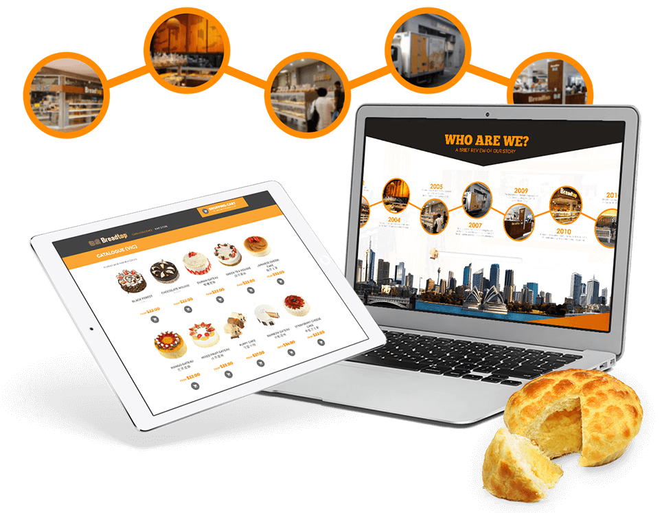 Responsive Views of Breadtop Website Cakes and Timeline