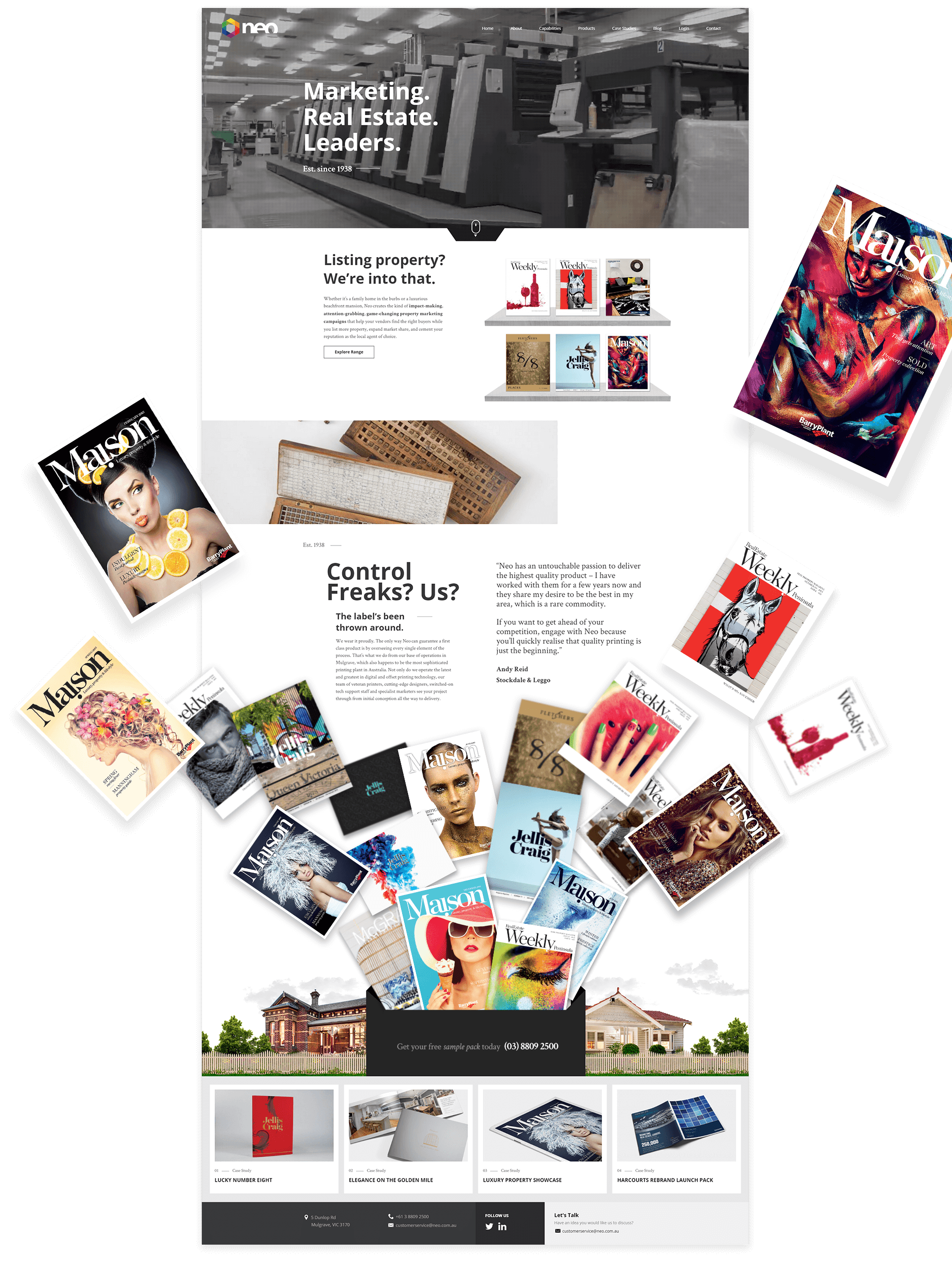 Desktop View of Neo Website Hom With Flying Magazines