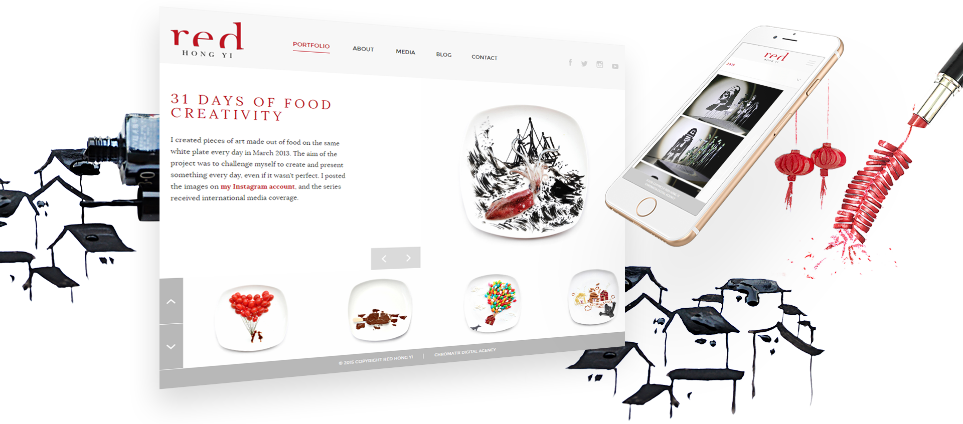 Red Hong Yi Responsive Website Portfolio Desktop and Mobile Views of Red Hong Yi Website Showcasing Portfolio Pages