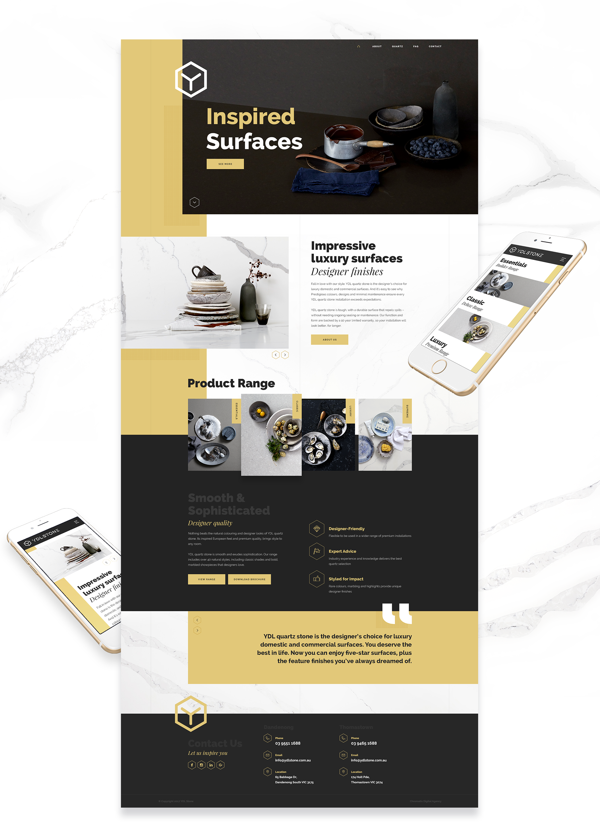 Desktop and Mobile Views of YDL Stone Website Home and Subpages