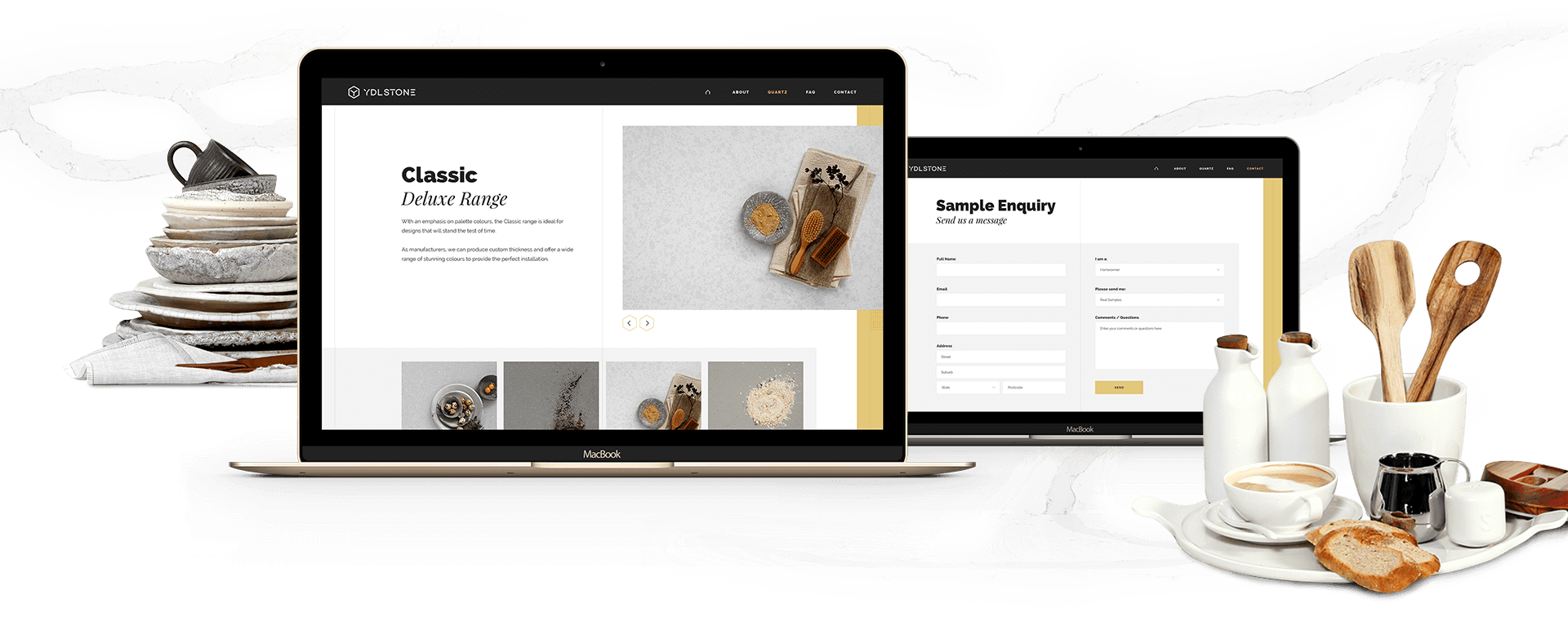 Laptop view of YDL Stone website design with product graphics