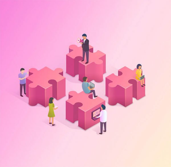 3D isometric illustration showing people and jigsaw pieces