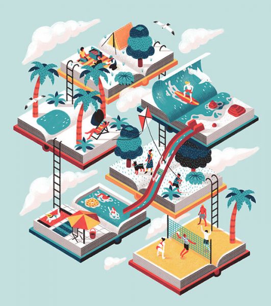 3D isometric illustration showing books and people on different levels