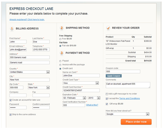 long checkout form in eCommerce example