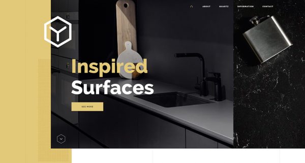 Homepage header banner with gold elements against modern kitchen